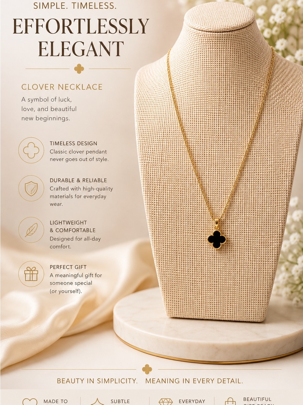 Gold Finish Clover Pendant Necklace with Black Enamel - Women Jewelry
